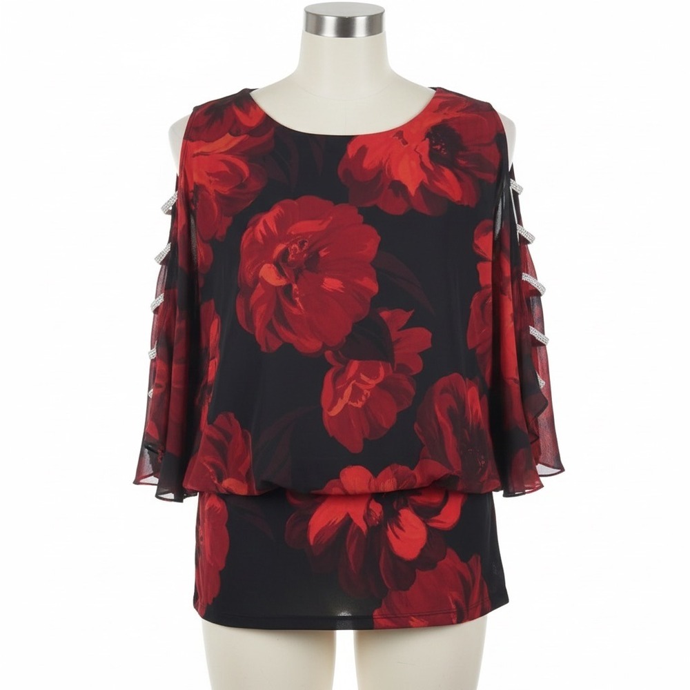 Prelude Red Floral Rhinestone Cold Shoulder Blouse Banded Waist Party Top Medium